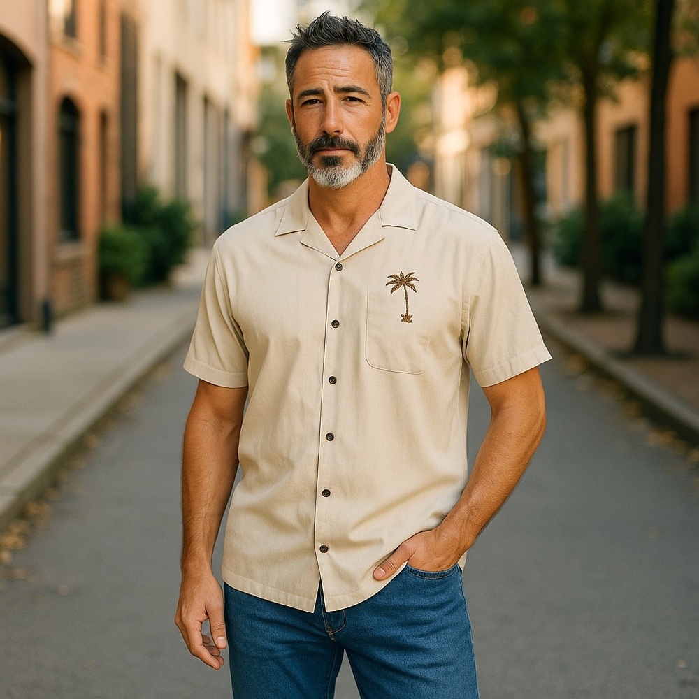 Men's Beige Short Sleeve Shirt with Palm Tree Embroidery